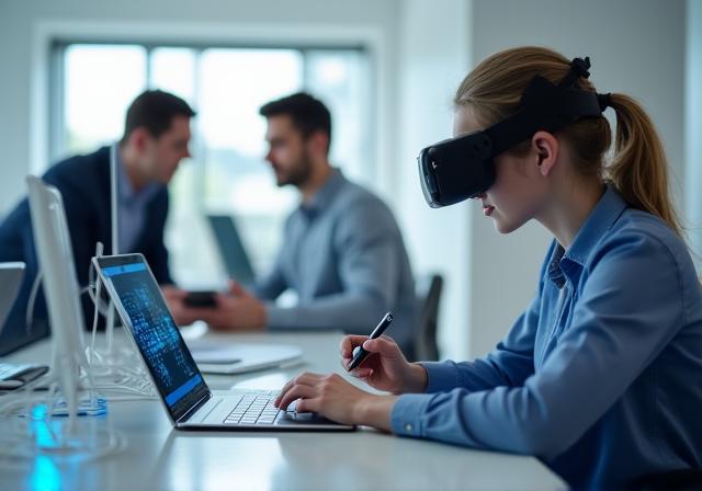 Moderne digitale Lernumgebung mit Tablet und VR-Headset